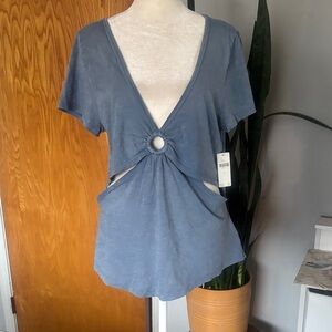 Anthropologie Washed Blue Ring-Tie Cutout Short Sleeve Tee